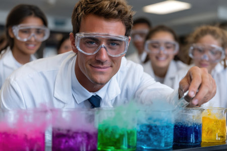 Students observe a teacher mixing vibrant liquids during an engaging chemistry lesson in a laboratory.の素材