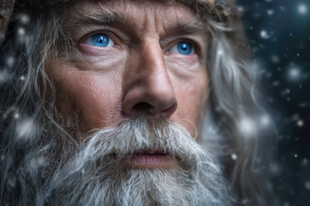 An older man stands in the snow, his piercing blue eyes reflecting wisdom and serenity under a wool hat.の素材