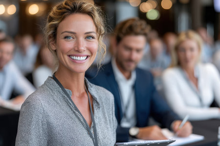 A cheerful woman participates in a business conference, taking notes as attendees engage in discussions.の素材