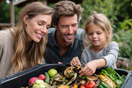 A happy family groups around a compost bin, examining food scraps while sharing a joyful moment outdoors.の素材