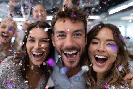 Three friends smile and laugh together while confetti rains down during a lively celebration in a bright venue.の素材