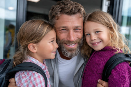 Father reunites with his daughters at the airport, sharing smiles and warmth after being apart.の素材