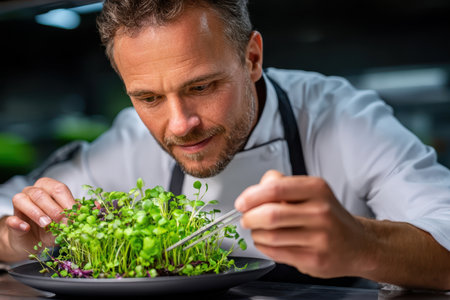 Culinary expert focuses intently on arranging freshly harvested microgreens on a black plate for presentation.の素材