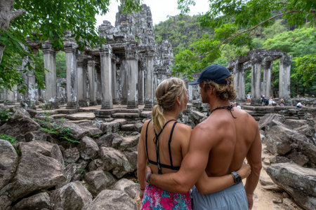 Two travelers admire the intricate architecture of the ancient temple ruins surrounded by nature.の素材