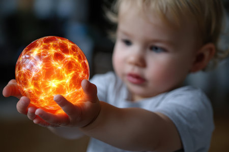 A young child gazes in wonder while holding a luminous orb that shines brightly with intricate patterns.の素材