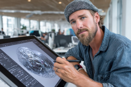 A creative individual works on a digital tablet, designing a complex 3D model in a contemporary office setting.の素材