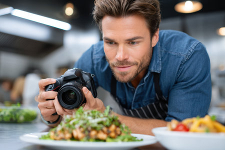 A man photographs a beautifully plated dish in a contemporary kitchen, showing his passion for food.の素材