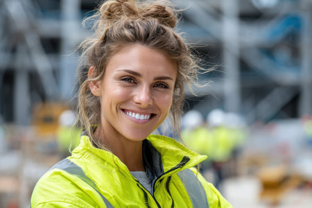 A cheerful construction worker stands confidently at a work site, surrounded by busy colleagues and machinery.の素材