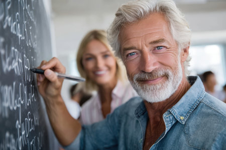 A senior educator writes notes on a chalkboard while a female colleague smiles in a bright classroom.の素材