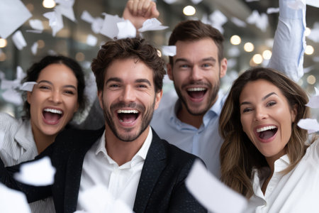 Four colleagues cheer and celebrate a milestone achievement in a lively office filled with confetti.の素材