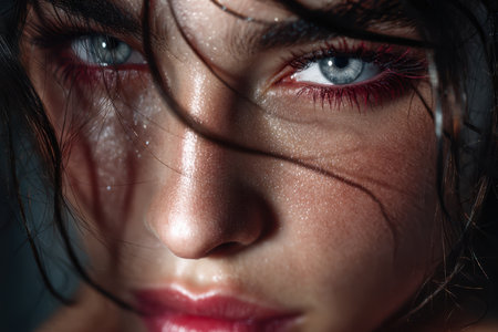 A woman gazes intensely with blue eyes, her hair partially covering her face, wet and tousled, captured in soft light.の素材