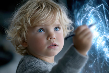 A curious child with blonde curls draws with a pen, creating glowing designs in a bright environment.の素材