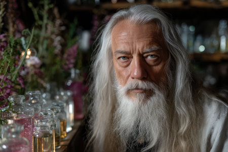 An elder alchemist with long silver hair and a beard focuses intently on various colorful potions in glass jars.の素材