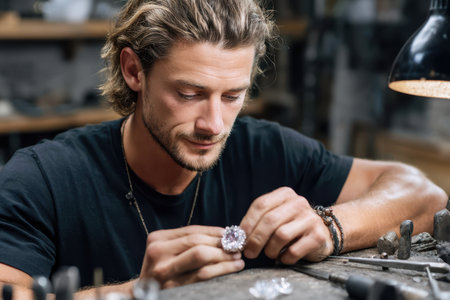 A skilled jeweler focuses on assembling a silver ring, showcasing craftsmanship and attention to detail in a workshop.の素材