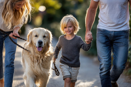 A child and parents happily stroll along a tree-lined path, holding hands while walking their golden retriever.の素材