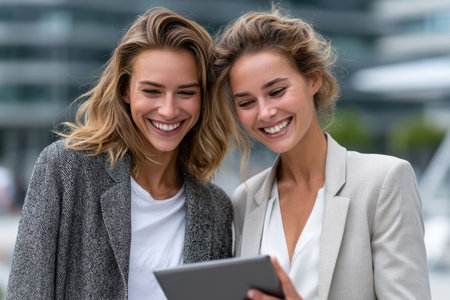 Two women smile broadly while looking at a tablet, enjoying each other's company in a modern city setting.の素材