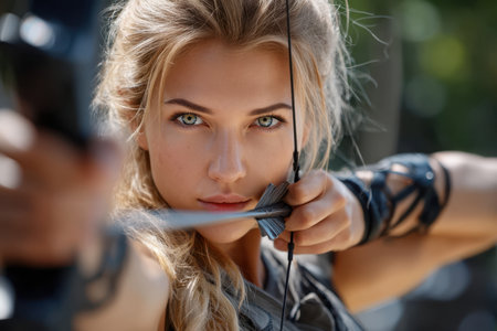 Young archer prepares to shoot an arrow, displaying concentration and skill in a lush outdoor environment.の素材