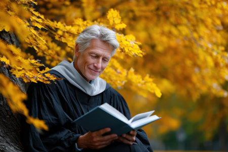 A senior man in a black robe enjoys reading a book by a tree surrounded by bright autumn leaves.の素材