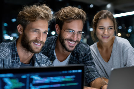 Three friends share ideas and work together on laptops in an urban workspace during the evening hours.の素材