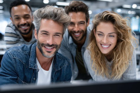 Friends gather around a computer, sharing laughter and enjoying a light-hearted moment at work during the day.の素材