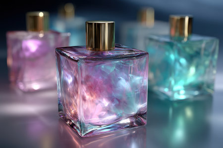 Various perfume bottles in soft colors glow in a well-lit studio, showing their elegant designs.の素材