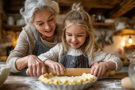 Grandmother and her granddaughter roll out dough for a pie in a warm and inviting kitchen filled with natural light.の素材