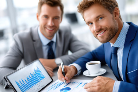 Two men are discussing financial reports while working together at a sleek desk in a bright office.の素材