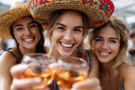 Three friends enjoy a lively outdoor gathering, raising their glasses in celebration while wearing colorful hats.の素材