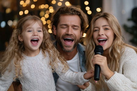 A joyful family of three shares a fun karaoke moment while surrounded by warm lights at home.の素材