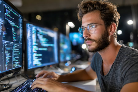 A programmer is intensively coding on multiple screens during nighttime in a modern workspace.の素材