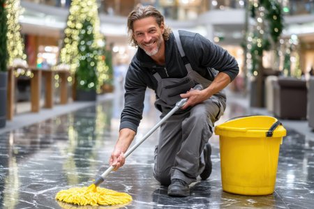 A man in work overalls mops the shiny floor of a shopping mall while smiling, surrounded by festive decorations.の素材
