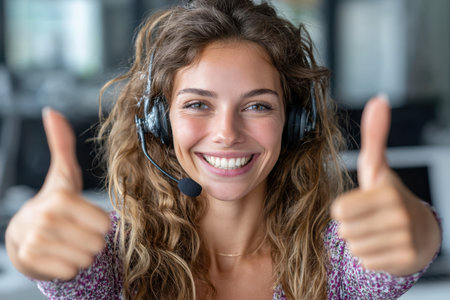 A cheerful customer service rep smiles and gives a thumbs up while wearing a headset in an office.の素材