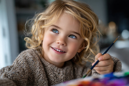 A child with curly hair happily paints at a table, surrounded by vibrant colors and a warm atmosphere.の素材