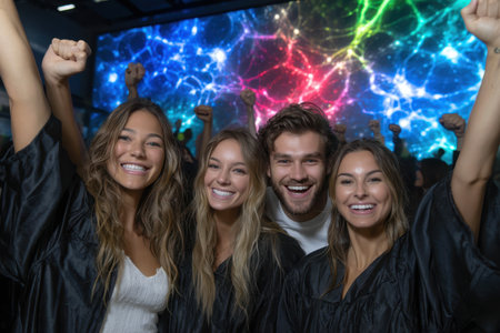 Group of friends celebrate graduation with excitement, raising their fists in joy against a vibrant backdrop.の素材