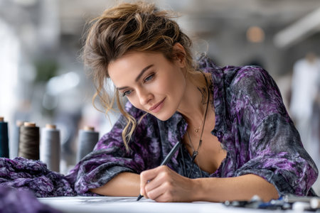 A skilled artist focuses intently on sketching fashion designs in a bright studio filled with colorful threads.の素材