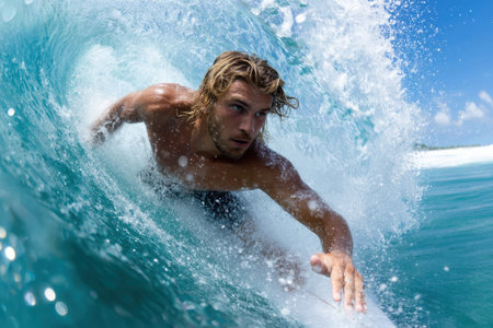 A surfer skillfully maneuvers through a crashing wave on a sunny day at the beach, showing his talent.の素材