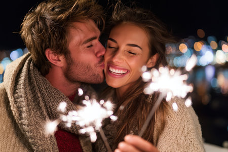 Joyful couple shares a warm moment, celebrating with sparklers near sparkling water at night.の素材