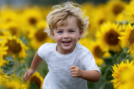 A young child with curly hair laughs while running happily in a vibrant sunflower field.の素材