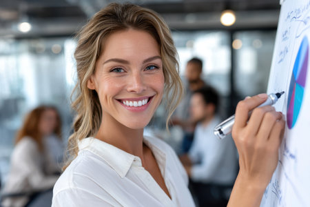 Confident woman shares insights on a chart while colleagues engage in a productive office meeting.の素材