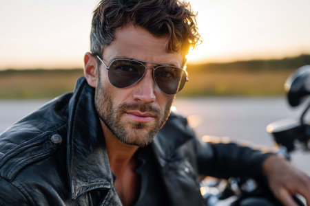 A young man in sunglasses and leather jacket relaxes by his motorcycle amidst golden light at dusk.の素材