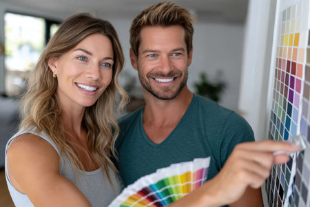 A couple joyfully chooses paint colors from a color palette in a bright interior design studio.の素材