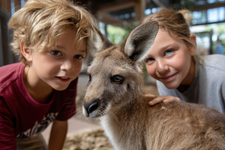 Two children enjoy close interaction with a kangaroo at a wildlife center on a school field trip.の素材