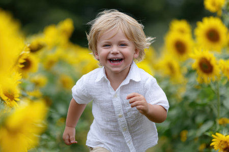 A young boy joyfully runs through a field filled with vibrant sunflowers during the daytime.の素材