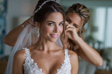 A bride smiles as a friend adjusts her veil and hair before the wedding ceremony in a bright room.の素材