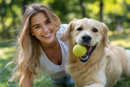 Woman and her golden retriever dog enjoy a playful moment in a bright park, surrounded by greenery.の素材