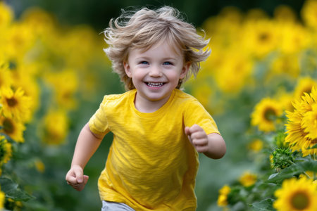 A young child with curly hair smiles while running through a vibrant field of sunflowers under the sun.の素材