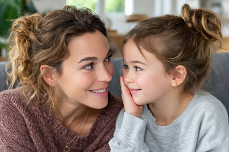 Mother and daughter engage in a playful, intimate conversation in a bright living room setting.の素材