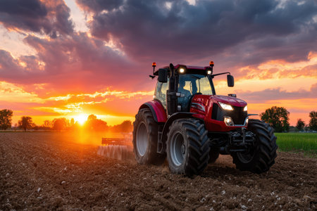 A red tractor works the soil in a field as the sun sets, illuminating the landscape with warm colors.の素材