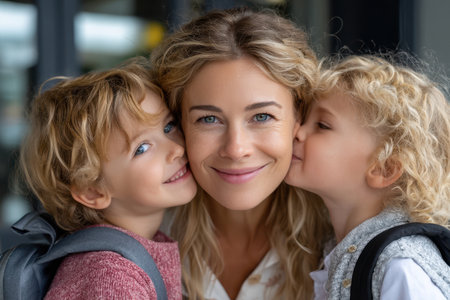 A mother enjoys a warm embrace with her two children in a bright urban setting, smiling happily together.の素材