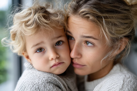 A mother holds her young child close, both displaying warm, gentle expressions indoors, exuding love.の素材